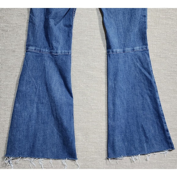 Free People Penny Pull On Flare Jeans Blue High Rise Bell Bottom Raw Hem Size27R - Picture 6 of 12